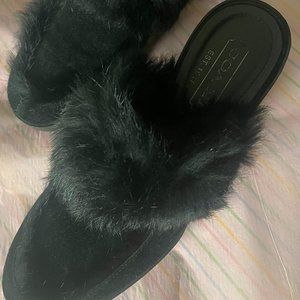 COACH KAELA SZ 8B RABBIT FUR & SUEDE WEDGE MULES